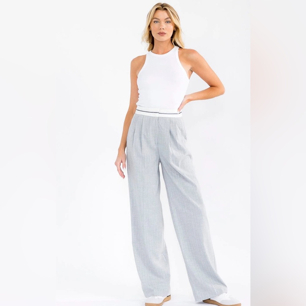 Wide Leg Pinstripe Trousers - Light Gray